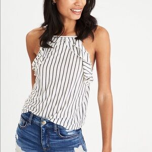 NWT American Eagle White High Neck Ruffle Striped Top